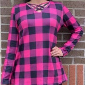 pink and navy plaid top with criss cross detail at neckline